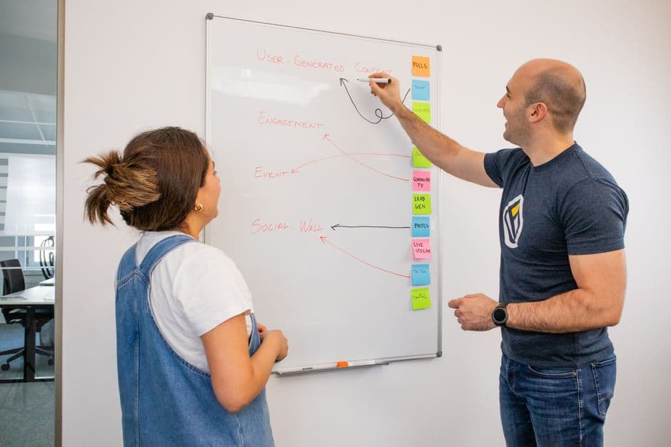 Definição de pilares de conteúdo e mensagens-chave Equipa a definir pilares de conteúdo e linha editorial num quadro branco